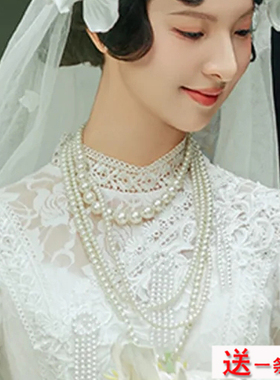 四层珍珠项链中长款颈链女款法式多层叠戴锁骨链叠戴毛衣链子1996