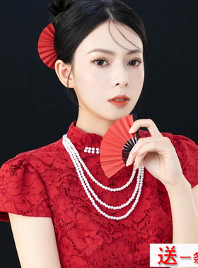 仿珍珠项链红色旗袍配饰品女士多层锁骨链颈链三层叠戴毛衣链1089