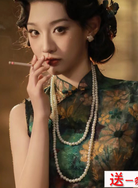 双层珍珠项链旗袍配饰品中长款颈链女多层锁骨链摄影拍照饰品415