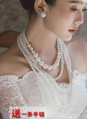 法式复古多层珍珠锁骨链新娘