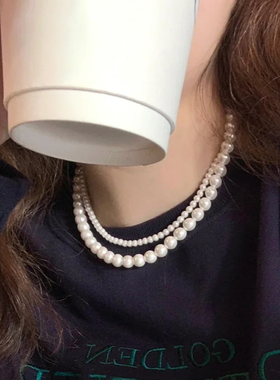 双层叠戴玻璃珍珠项链choker女士气质多层颈链子锁骨链卫衣链934
