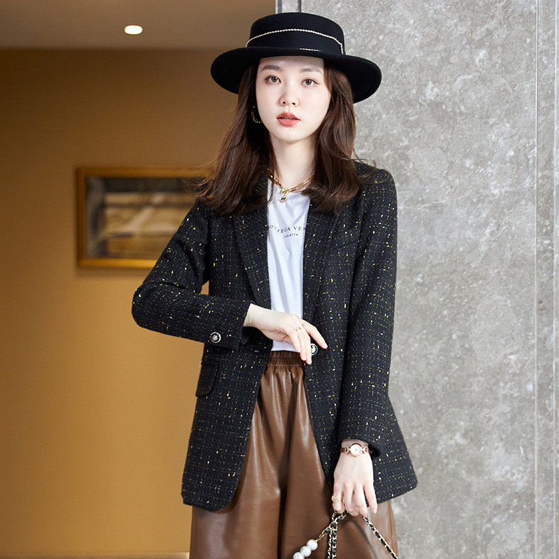 黑色格子西装外套女春秋冬季复古气质名媛小香风长袖西服外搭9113