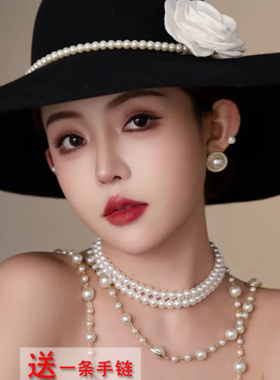 法式复古多层珍珠项链颈链女士