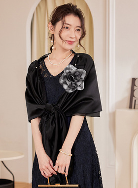黑色晚宴会小披肩女士外披风缎面伴娘围巾礼服斗蓬旗袍外套88619