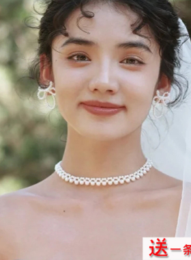 仿珍珠项链女士法式脖子颈链锁骨链子项圈配饰品毛衣链choker181