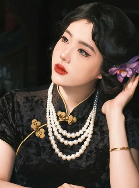 多层珍珠项链配旗袍饰品拍照项圈三层锁骨链子女士毛衣链颈链463