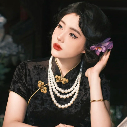 多层珍珠项链配旗袍饰品拍照项圈三层锁骨链子女士毛衣链颈链463