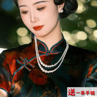 搭配旗袍珍珠项链摄影拍照配饰品双层叠戴颈链女士多层锁骨链529