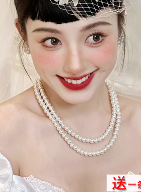 双层珍珠项链中长款锁骨链法式配礼服颈链女款多层叠戴毛衣链006