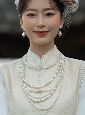 搭配旗袍珍珠项链多层叠戴颈链