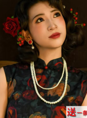 搭配旗袍珍珠项链女锁骨链中长款双层颈链多层叠戴配裙子饰品203