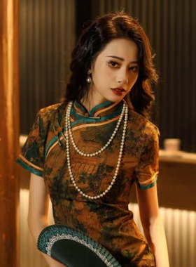 搭配旗袍珍珠项链中长款颈链子双层锁骨链子女款拍照写真饰品093