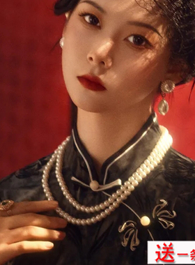 多层珍珠项链配旗袍配饰品妈妈款颈链子女士锁骨链子毛衣链子381