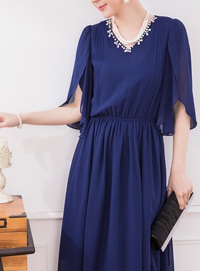 夏季裙子气质雪纺连衣裙子女士中长款裙V领名媛聚会小礼服裙88260