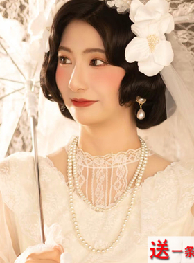 多层珍珠项链配旗袍裙子饰品中长款颈链子女士锁骨链拍照项圈211