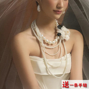 多层珍珠项链配婚纱礼服的饰品颈链女士法式复古锁骨链中长款521