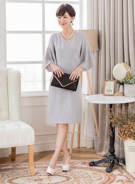灰色夏季一步裙V领连衣裙子女士春秋季内搭裙子气质小礼服裙88152