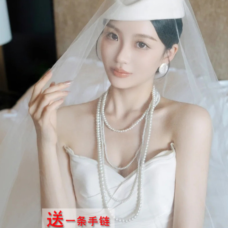 2026新款多层珍珠项链新娘配饰品颈链子女士韩版锁骨链中长款651