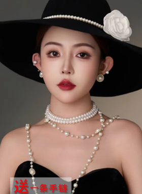 多层珍珠项链饰品配礼服配饰品双层颈链女士赫本风毛衣链颈饰609
