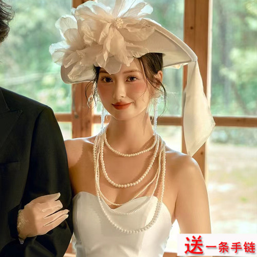 多层叠戴珍珠项链中长款