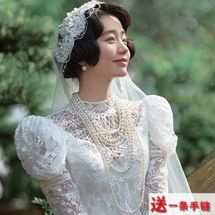 多层珍珠项链配婚纱礼服颈链子女士摄影拍照饰品锁骨链中长款530