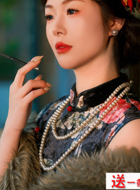 双层珍珠项链复古配旗袍配饰品女款中长款锁骨颈链毛衣链项圈534