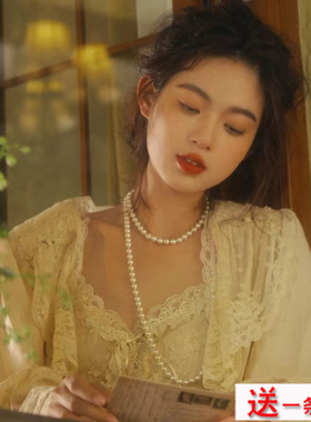 白色双层珍珠项链女士颈链子锁骨链120cm中长款饰品毛衣链项圈058