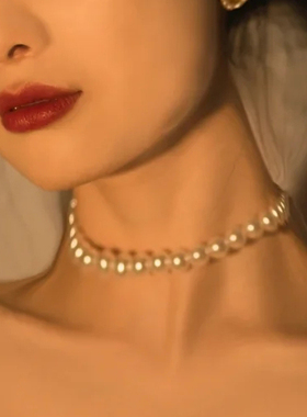 法式大珍珠项链女士颈链子法式拍照写真饰品毛衣链轻奢choker1146