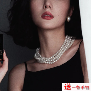 法式多层叠戴珍珠项链颈链女士夏季锁骨链颈饰毛衣链子项饰品492