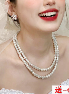 双层珍珠项链锁骨链配婚纱礼服颈链女款多层叠戴毛衣链子项饰006