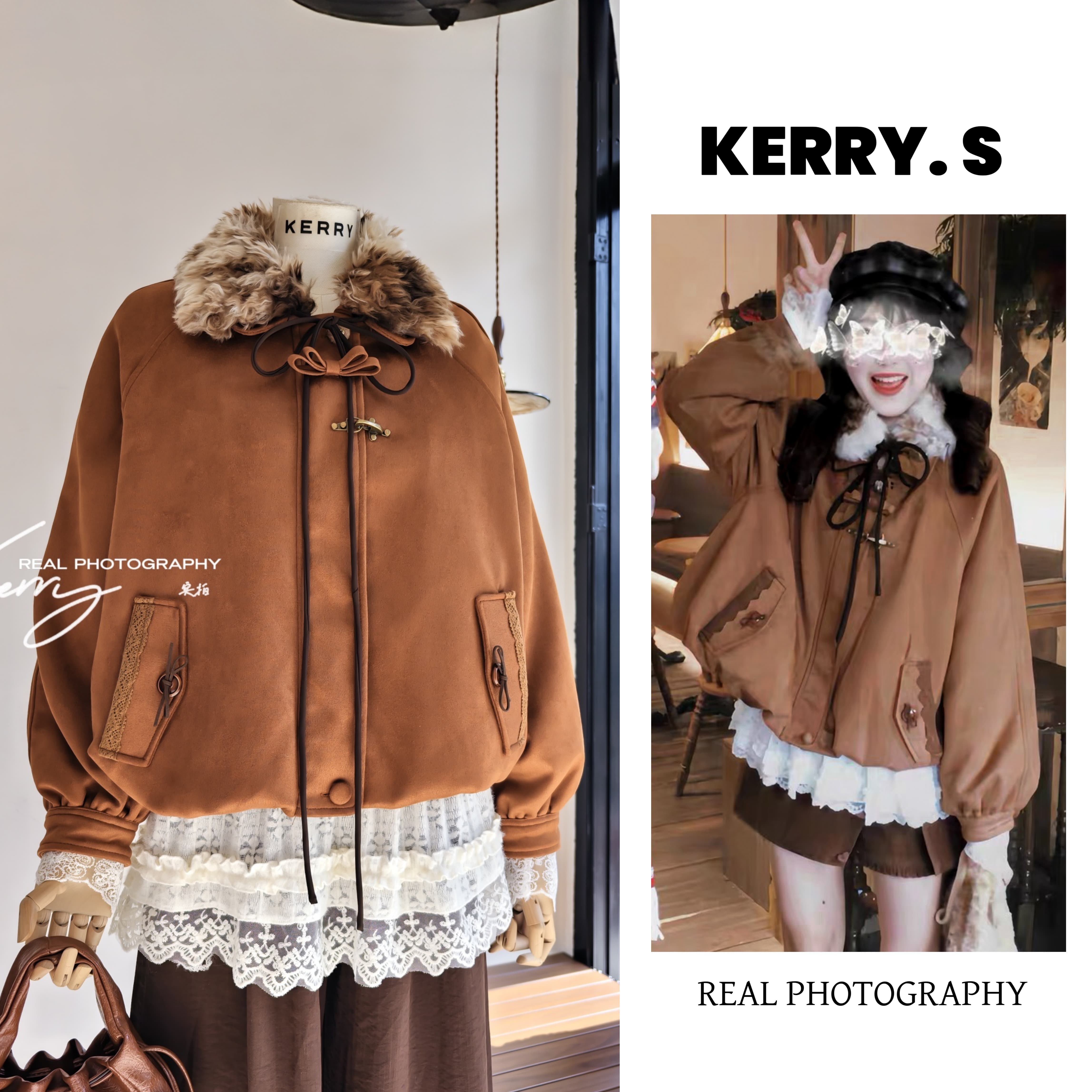 日杂感叠穿花苞毛领冬季外套