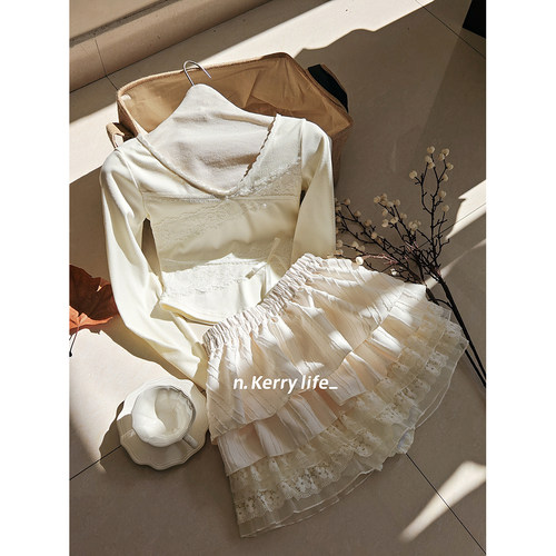 纯欲风蕾丝显瘦长袖打底半裙