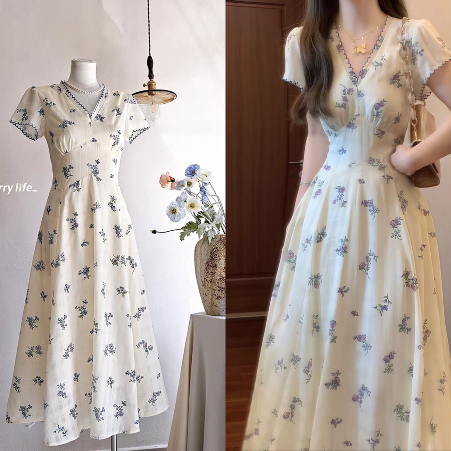 荷叶边V领碎花连衣裙女甜美裙子