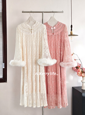 Kerry 小乔 重工压褶蕾丝狐狸毛长裙女秋季新中式宫廷宽松连衣裙