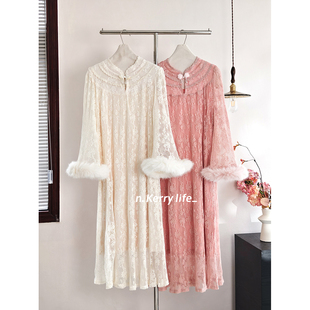 新中式 重工压褶蕾丝狐狸毛长裙女秋季 宫廷宽松连衣裙 小乔 Kerry