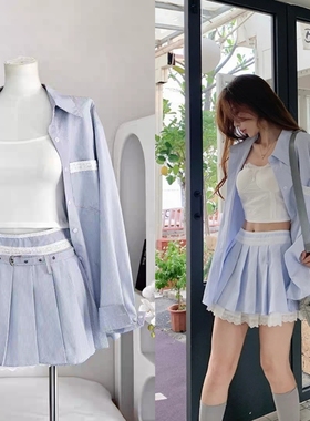 Kerry 学院风套装显瘦裙子蓝色条纹衬衫连衣裙女装秋季短裤两件套