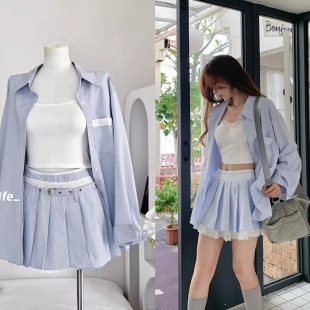 学院风套装 短裤 显瘦裙子蓝色条纹衬衫 秋季 两件套 连衣裙女装 Kerry