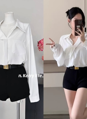 初秋新款女御姐套装 大方得体白色长袖衬衫宽松休闲口袋衬衣+短裤