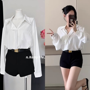 女御姐套装 短裤 大方得体白色长袖 宽松休闲口袋衬衣 衬衫 初秋新款
