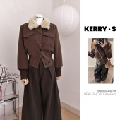 阔腿裤 棉服 毛呢外套女冬季 两件套装 法式 美拉德韩系穿搭 咖色短款