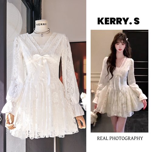 法式纯欲蕾丝连衣裙收腰千金风