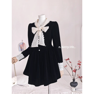 小香黑色丝绒连衣裙女蕾丝拼接公主裙 复古法式 Kerry 松露黑巧