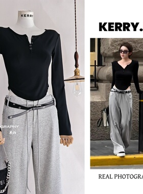 入秋松弛感 2025早秋黑色长袖t恤打底衫女宽松显瘦休闲裤两件套