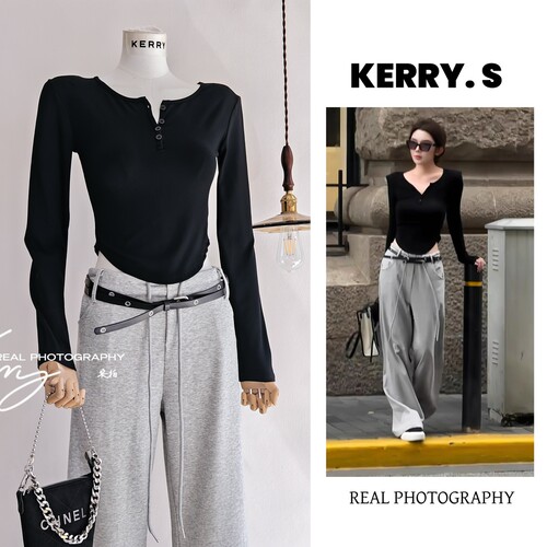 黑色长袖t恤打底衫宽松显瘦套装