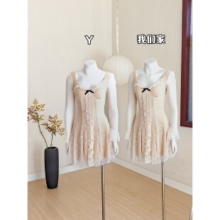 法式 纯欲宫廷风连衣裙女性感蕾丝气质显瘦裙子收腰短裙早春穿搭