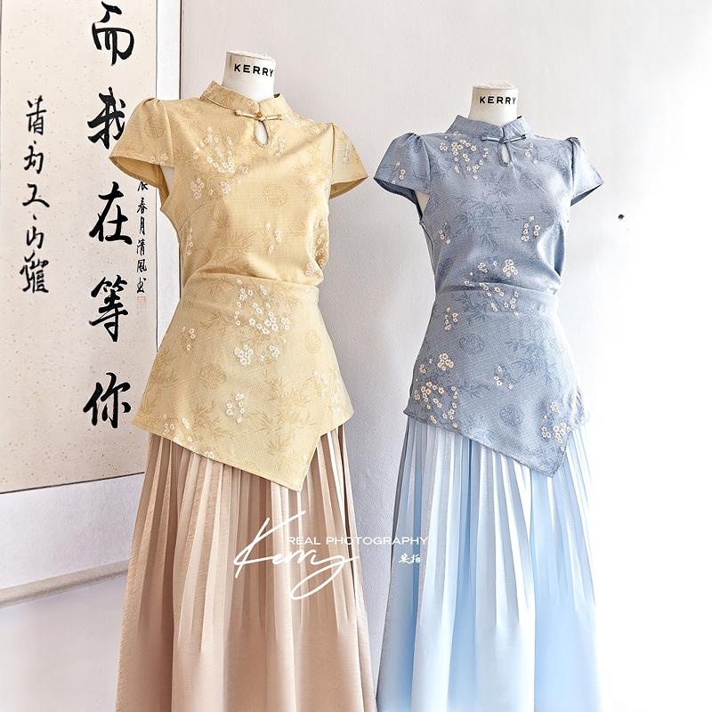 显瘦改良旗袍上衣缎面百褶半身裙