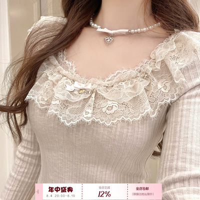 Peach's/ 少女情书2.0 千金感修身上衣蕾丝坑条修身长袖早春内搭