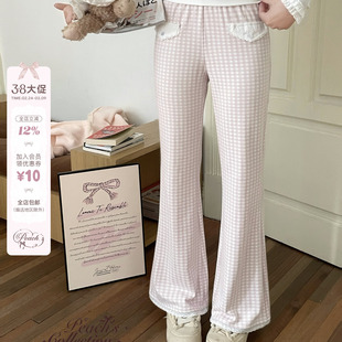 Peach's/ 草莓丘比特 粉白格子磨毛微喇裤针织少女显瘦休闲裤长裤
