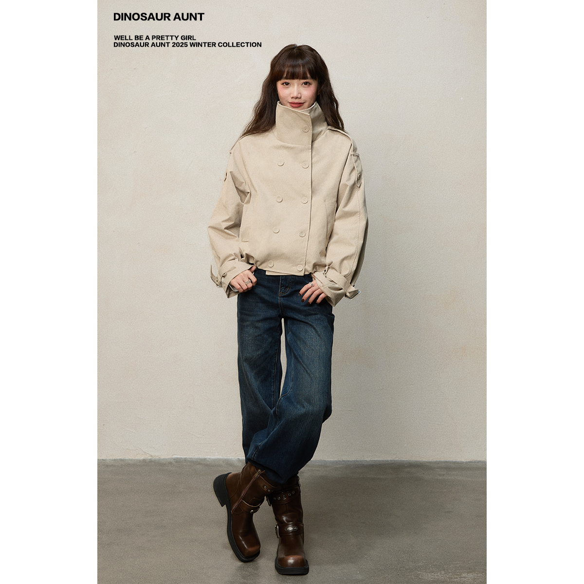 DINOSAUR AUNT恐龙阿姨 英伦风立领通勤百搭短款双排扣风衣外套