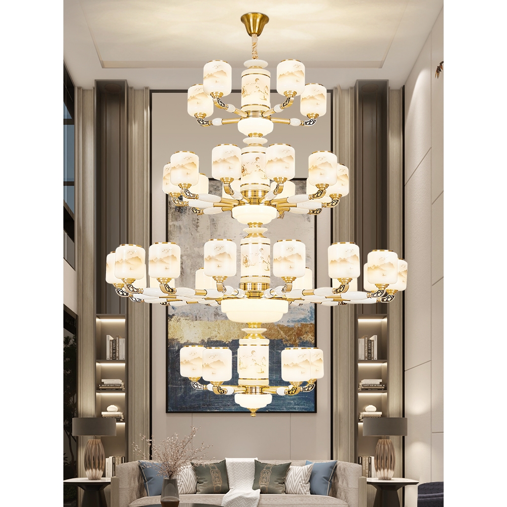 雷士新中式复式楼大吊灯全铜玉石别墅客厅大堂挑空大灯中国风灯具